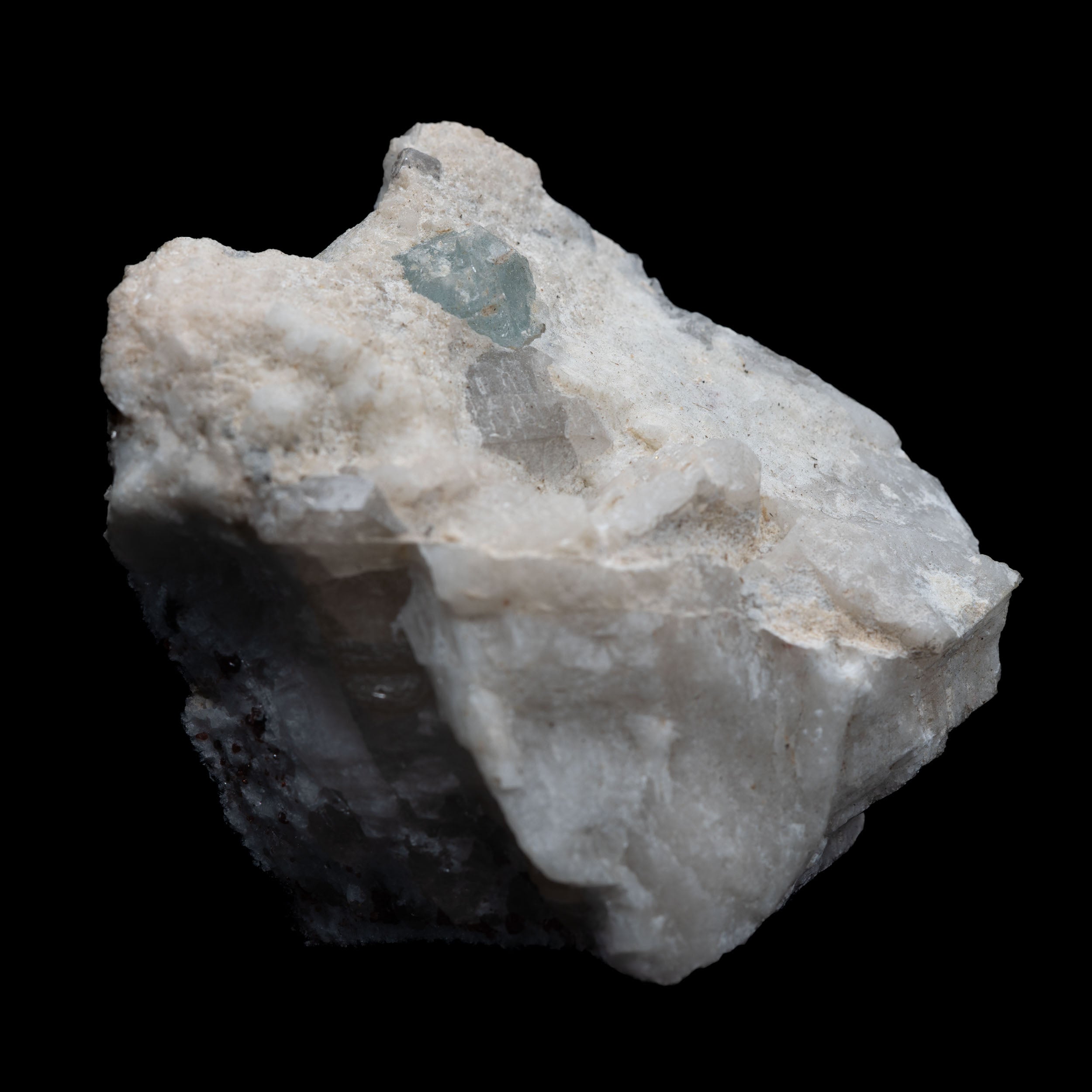 Aquamarine Shard in Albite with Smoky-Quartz Remnant & Garnet Flecks