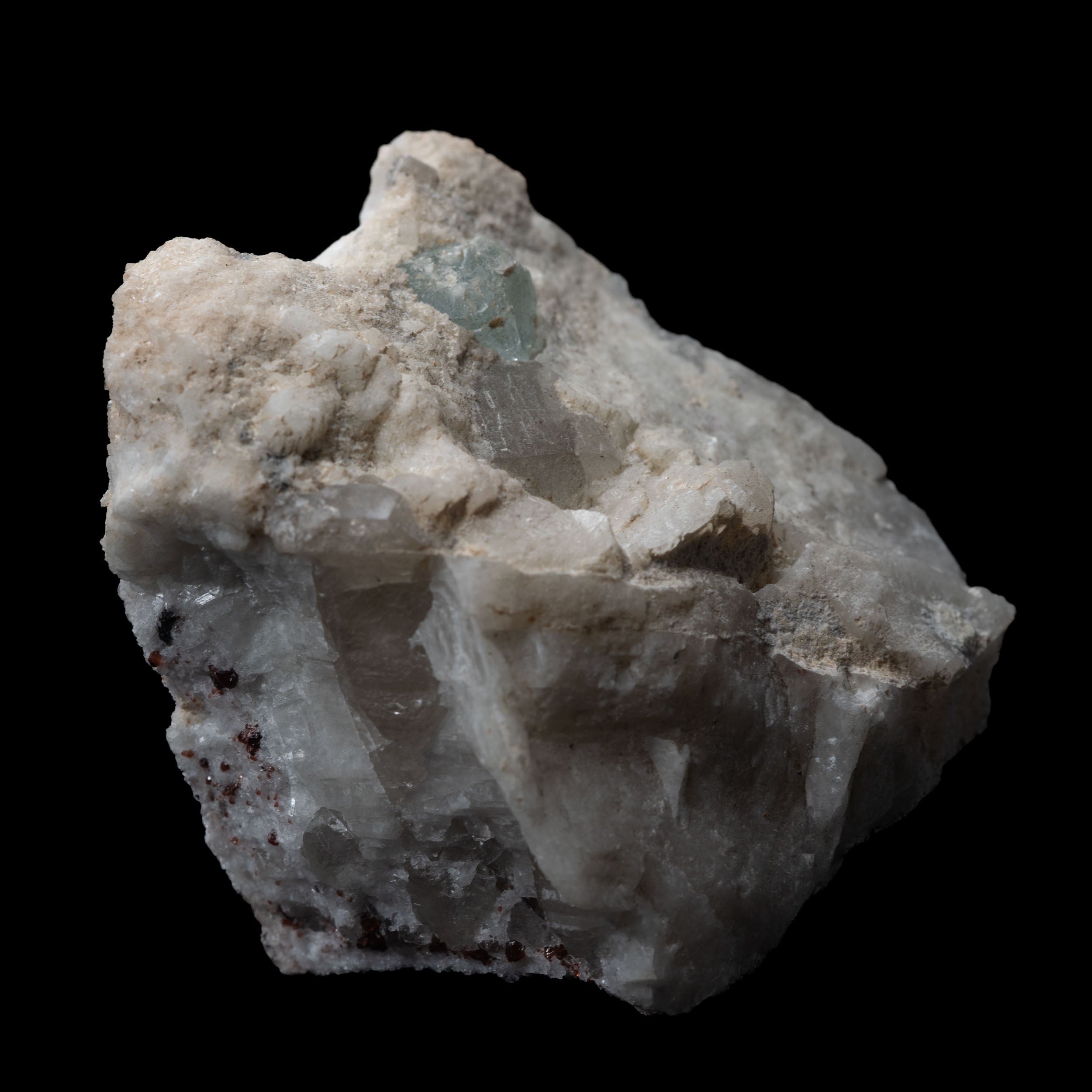 Aquamarine Shard in Albite with Smoky-Quartz Remnant & Garnet Flecks
