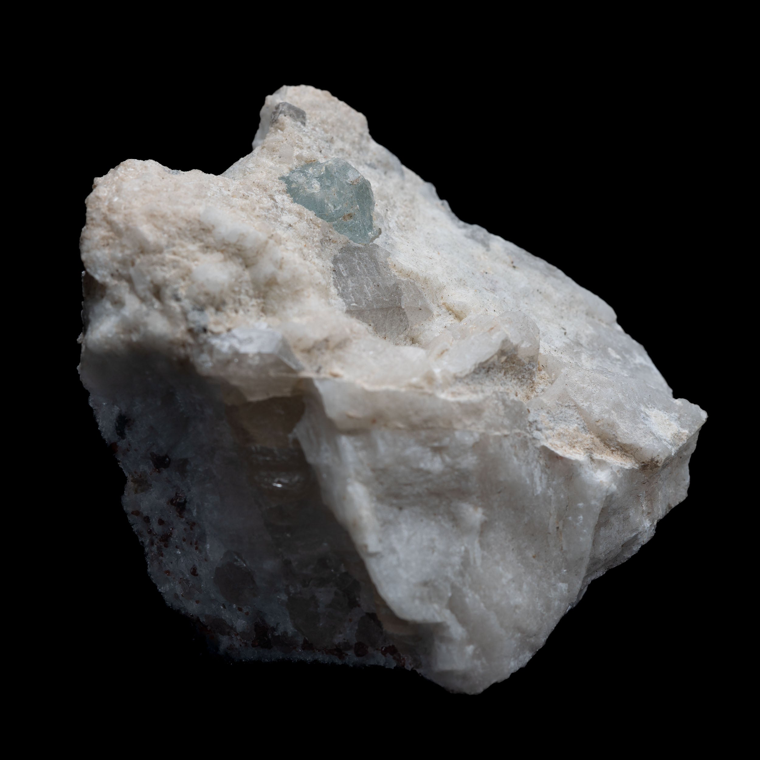 Aquamarine Shard in Albite with Smoky-Quartz Remnant & Garnet Flecks
