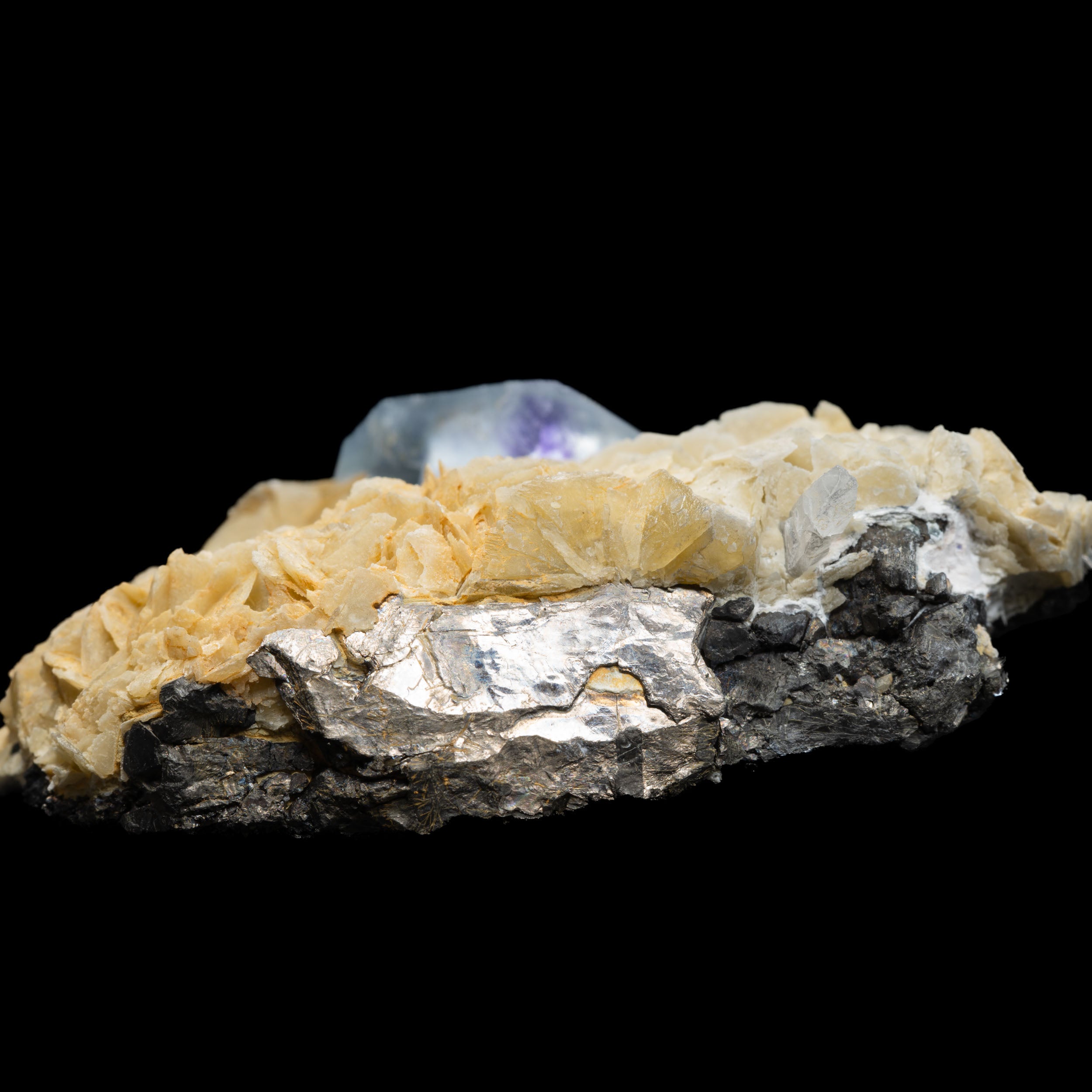 Blue-Lavender Fluorite on Barite “Desert Rose” with Galena Skirt 64g