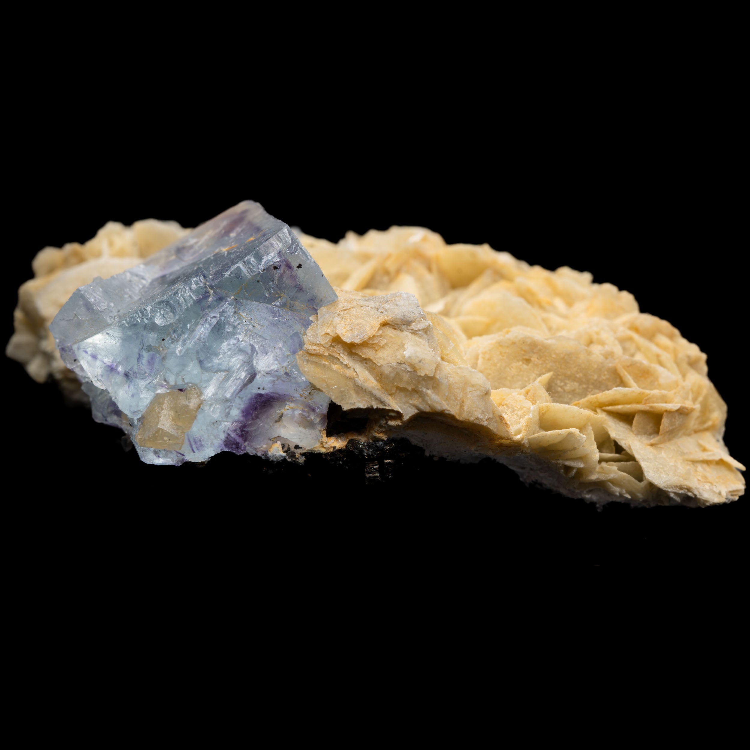 Blue-Lavender Fluorite on Barite “Desert Rose” with Galena Skirt 64g