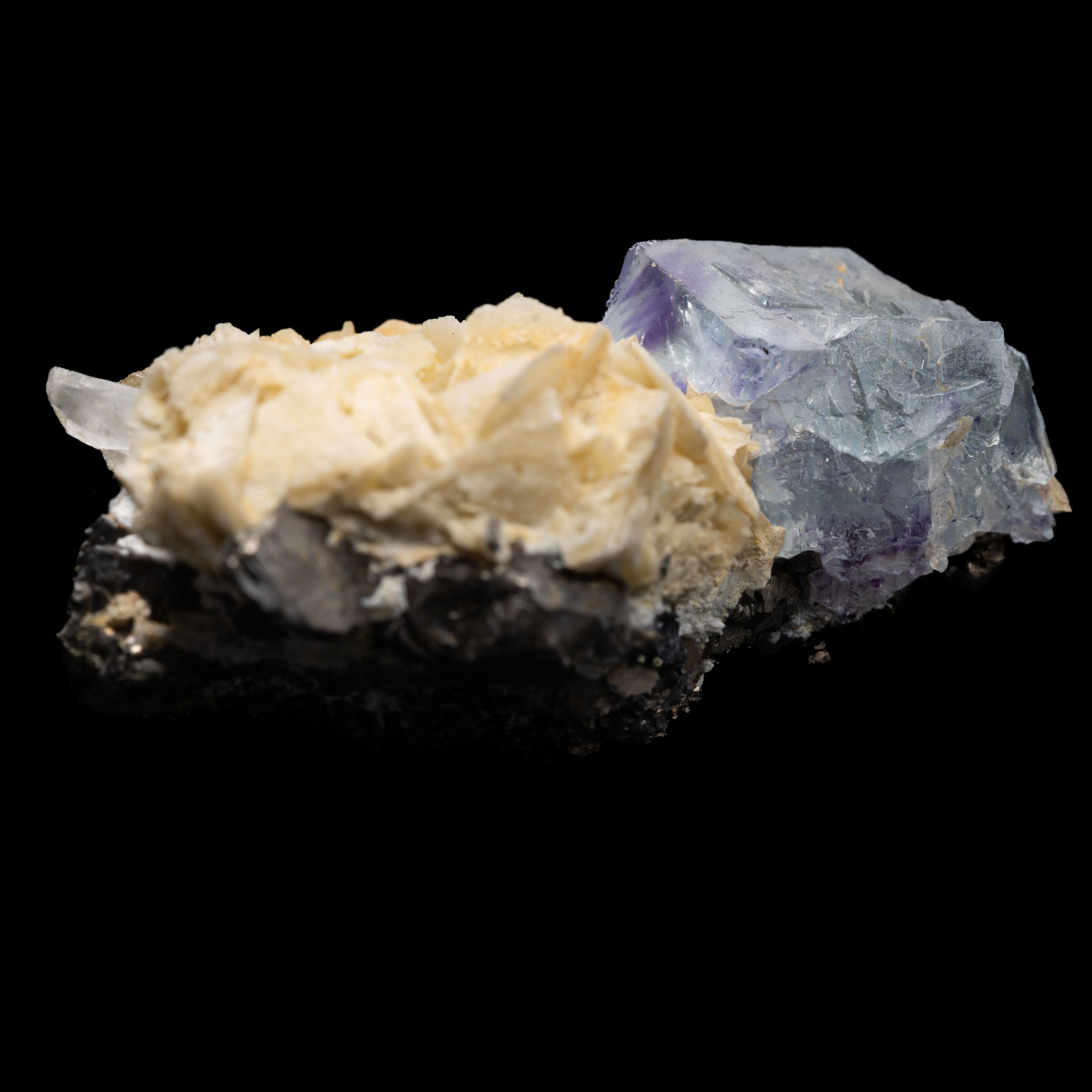 Blue-Lavender Fluorite on Barite “Desert Rose” with Galena Skirt 64g