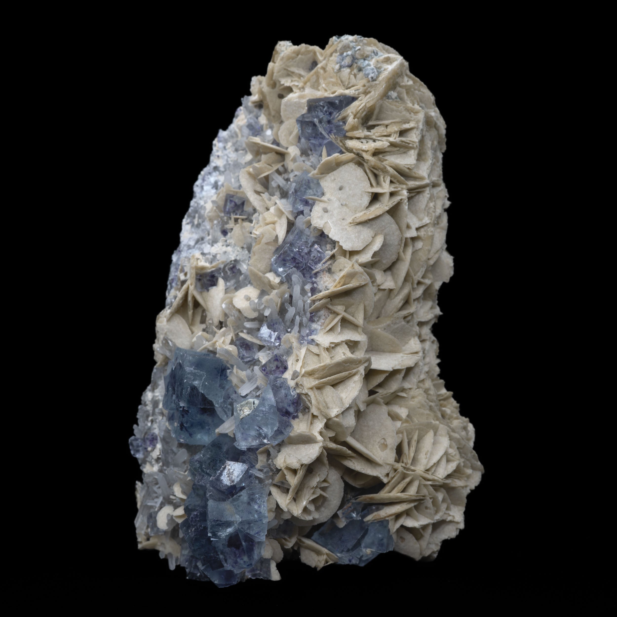 Blue Fluorite + Calcite Rosette & Quartz Cluster