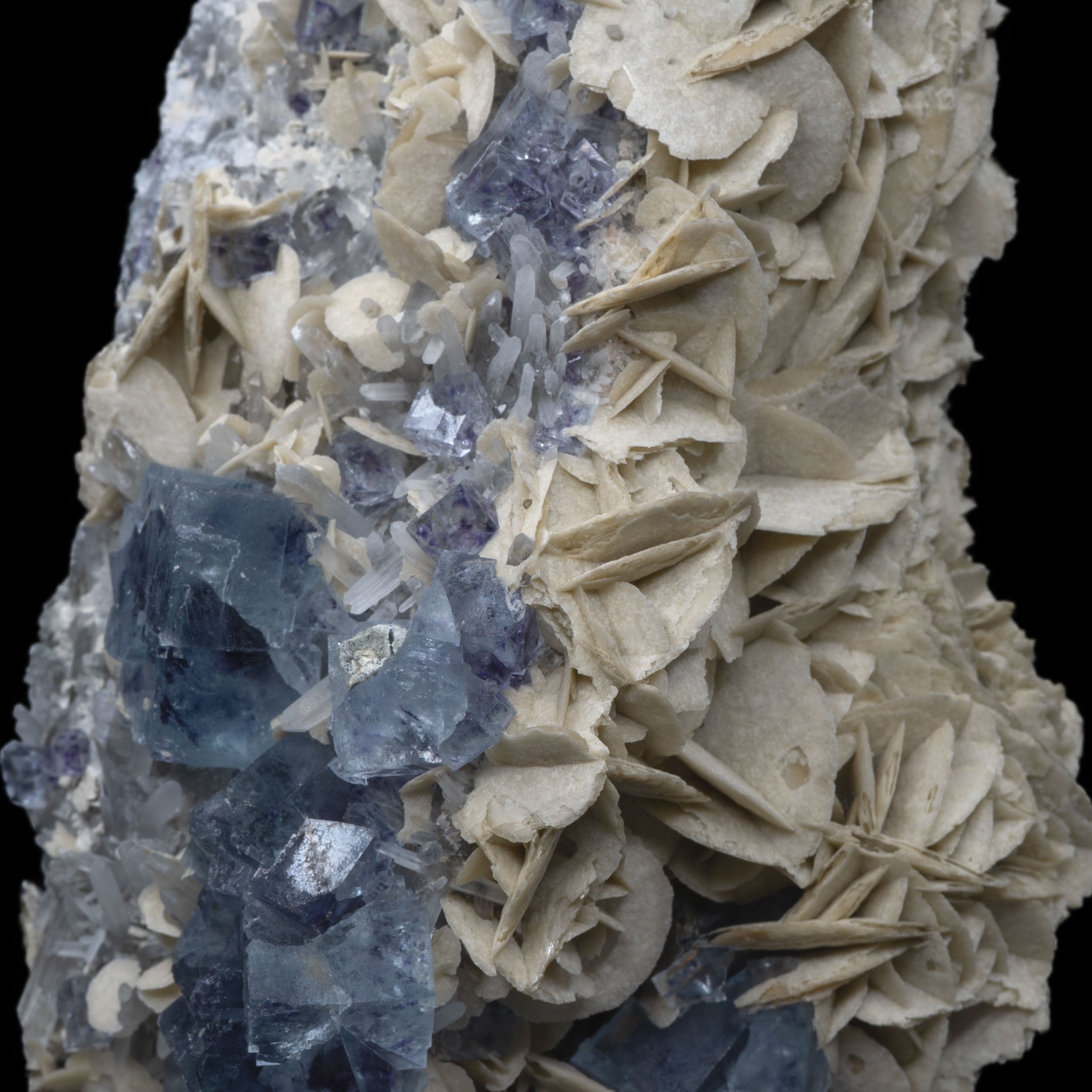 Blue Fluorite + Calcite Rosette & Quartz Cluster