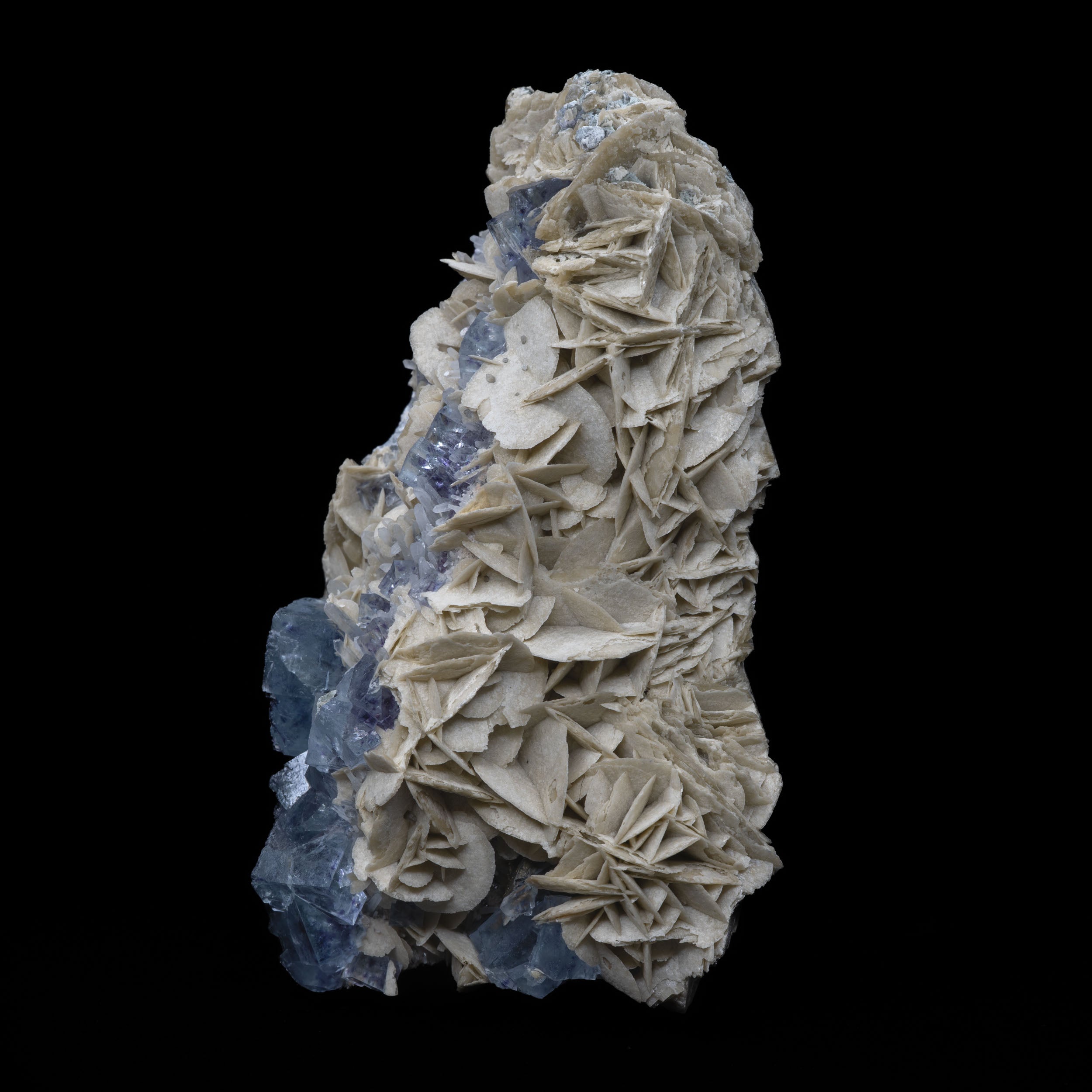 Blue Fluorite + Calcite Rosette & Quartz Cluster