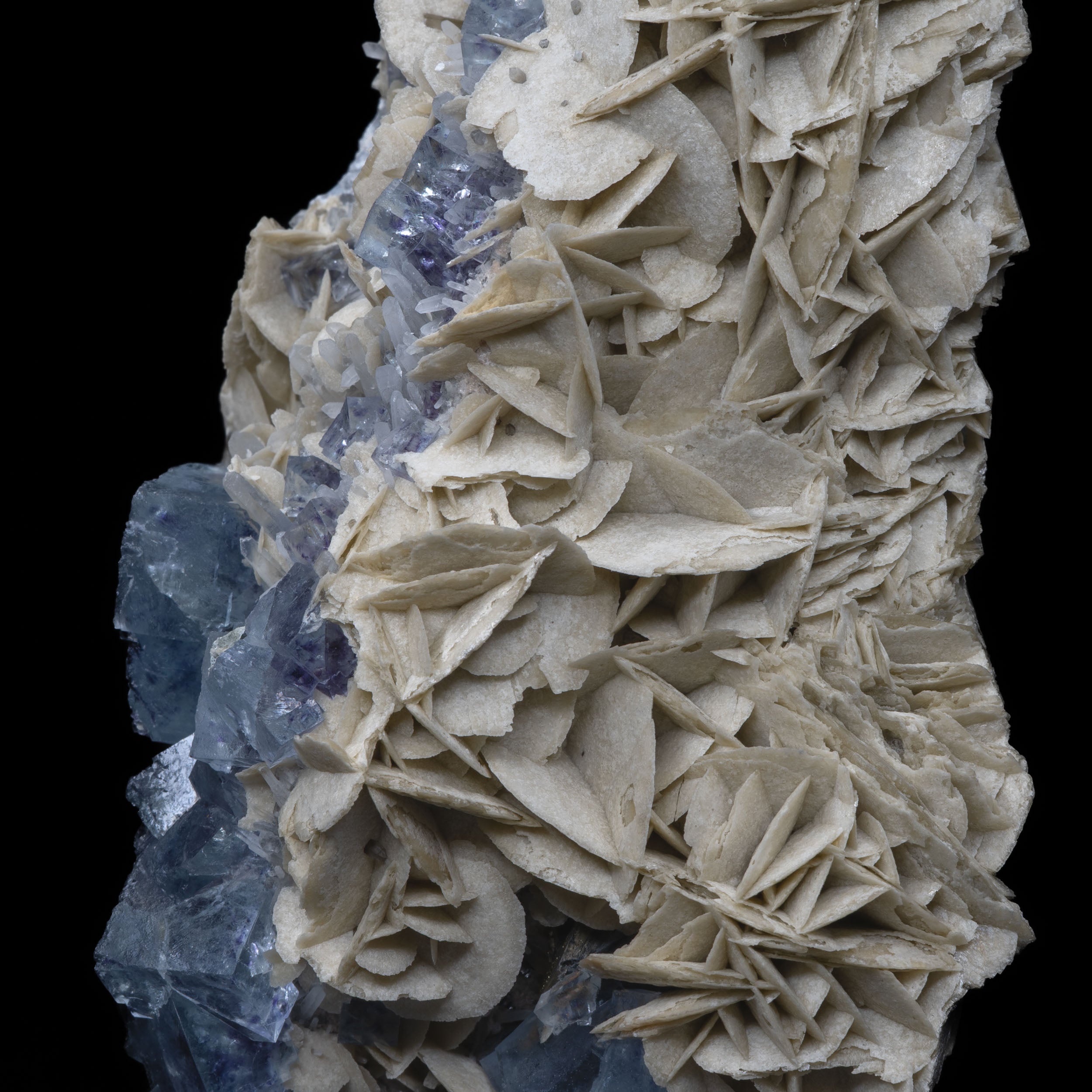 Blue Fluorite + Calcite Rosette & Quartz Cluster