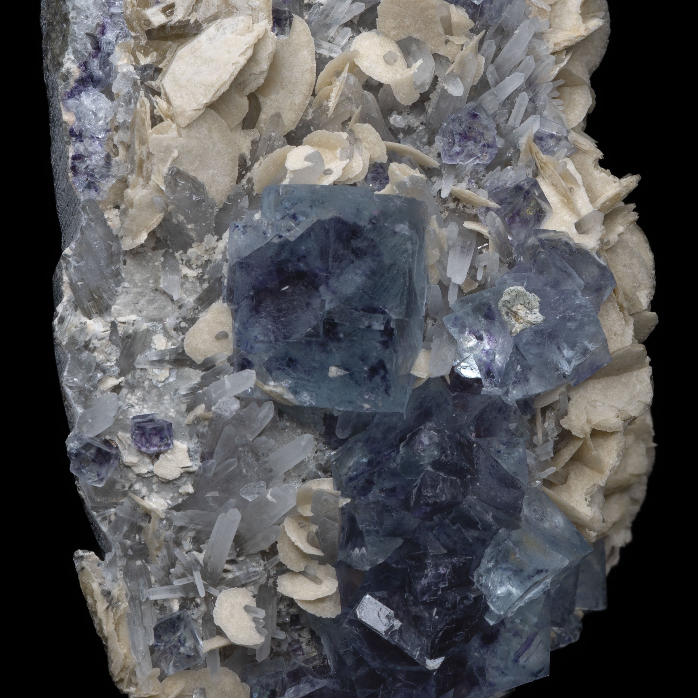 Blue Fluorite + Calcite Rosette & Quartz Cluster