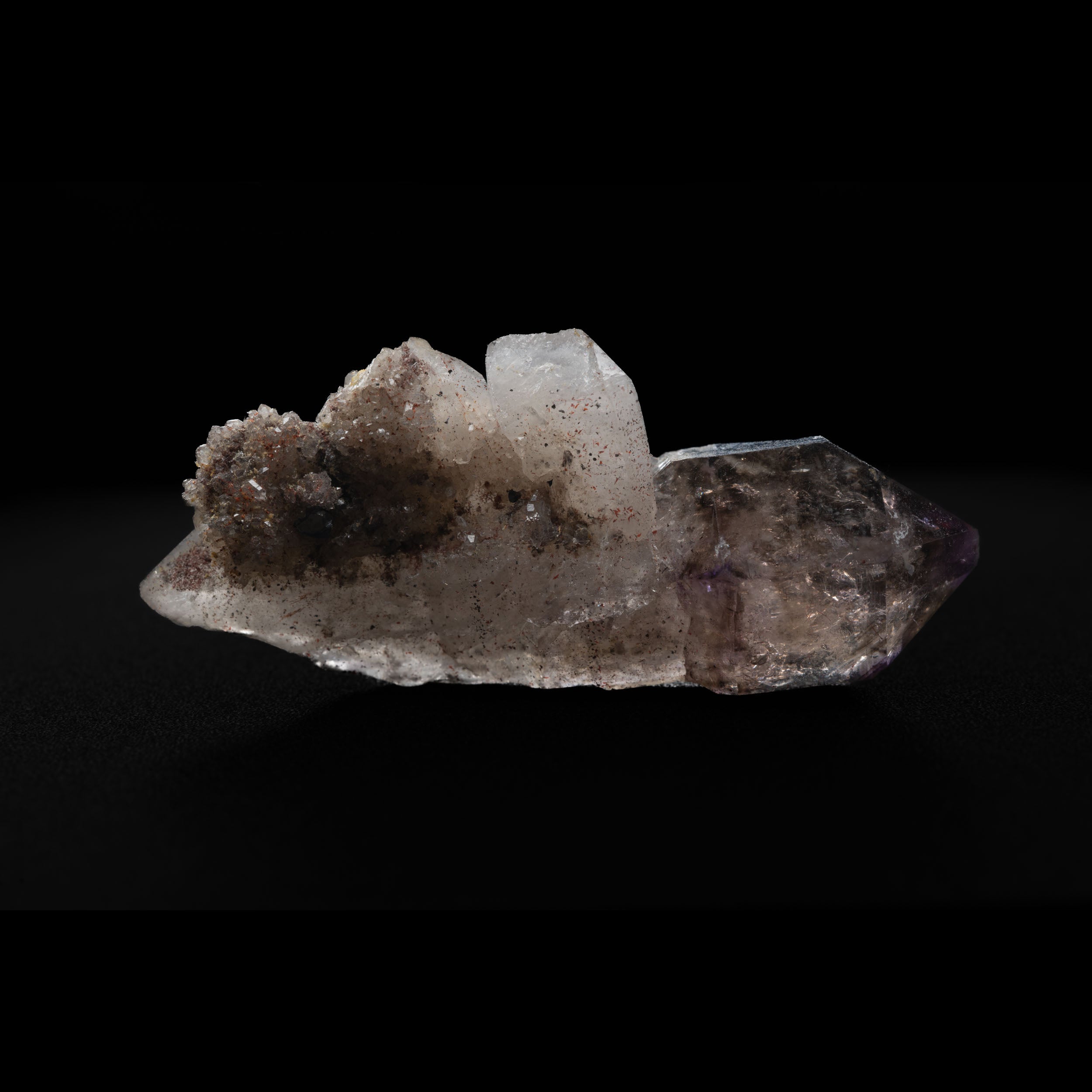 Smoky-Amethyst Sceptre with Hematite “Pepper” & Drusy Side-Car – Brandberg Namibia