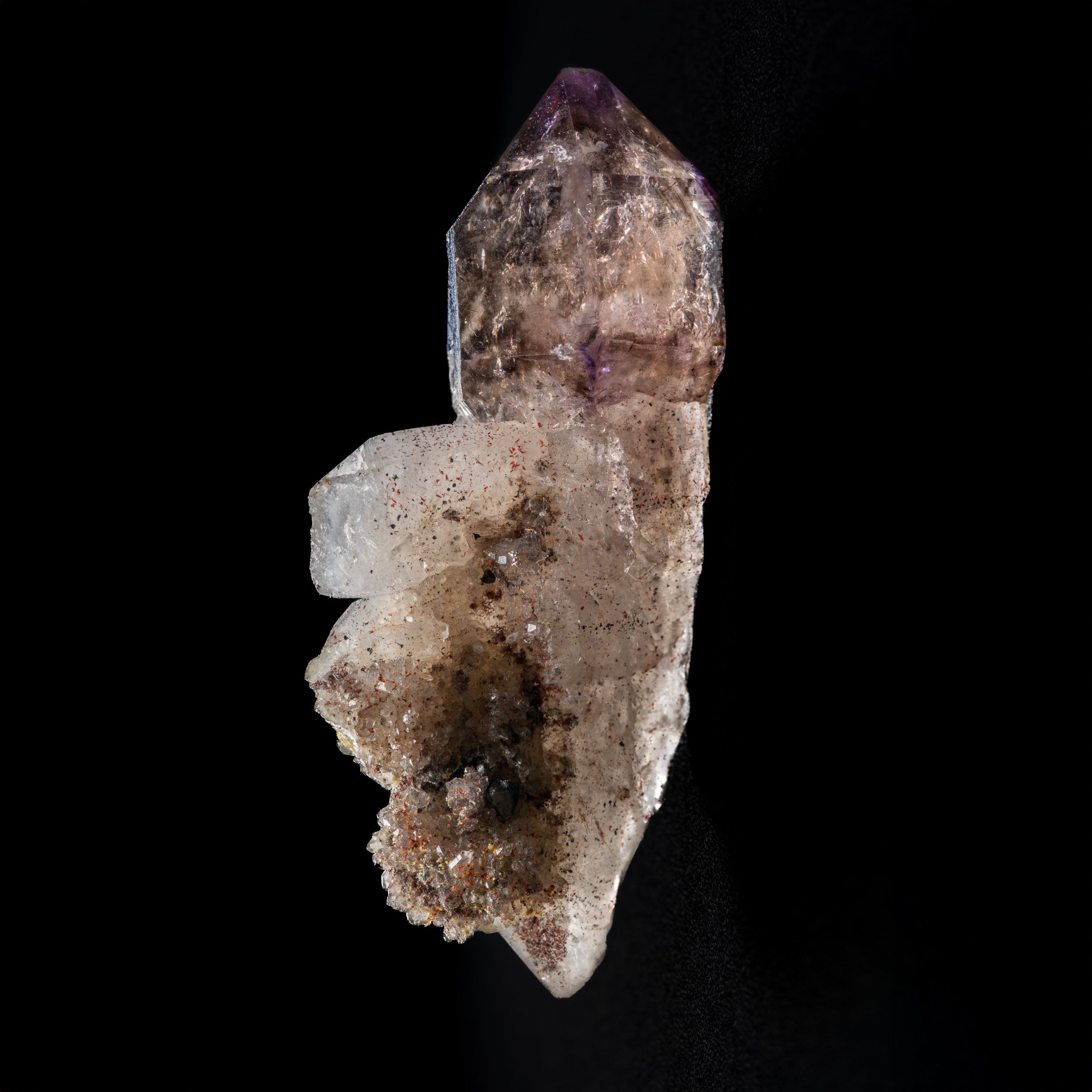 Smoky-Amethyst Sceptre with Hematite “Pepper” & Drusy Side-Car – Brandberg Namibia