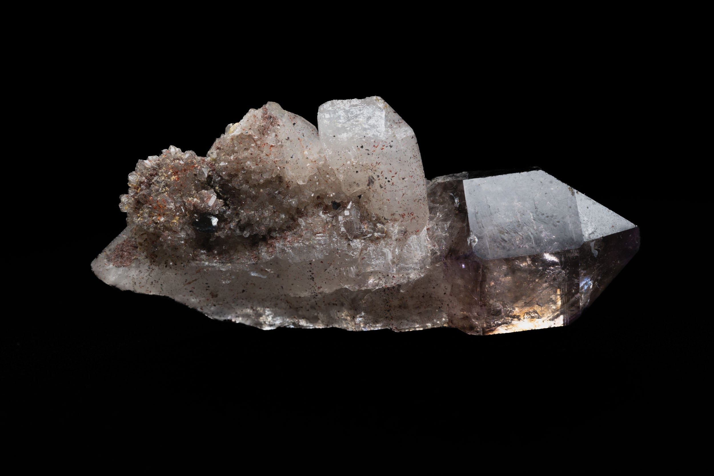 Smoky-Amethyst Sceptre with Hematite “Pepper” & Drusy Side-Car – Brandberg Namibia