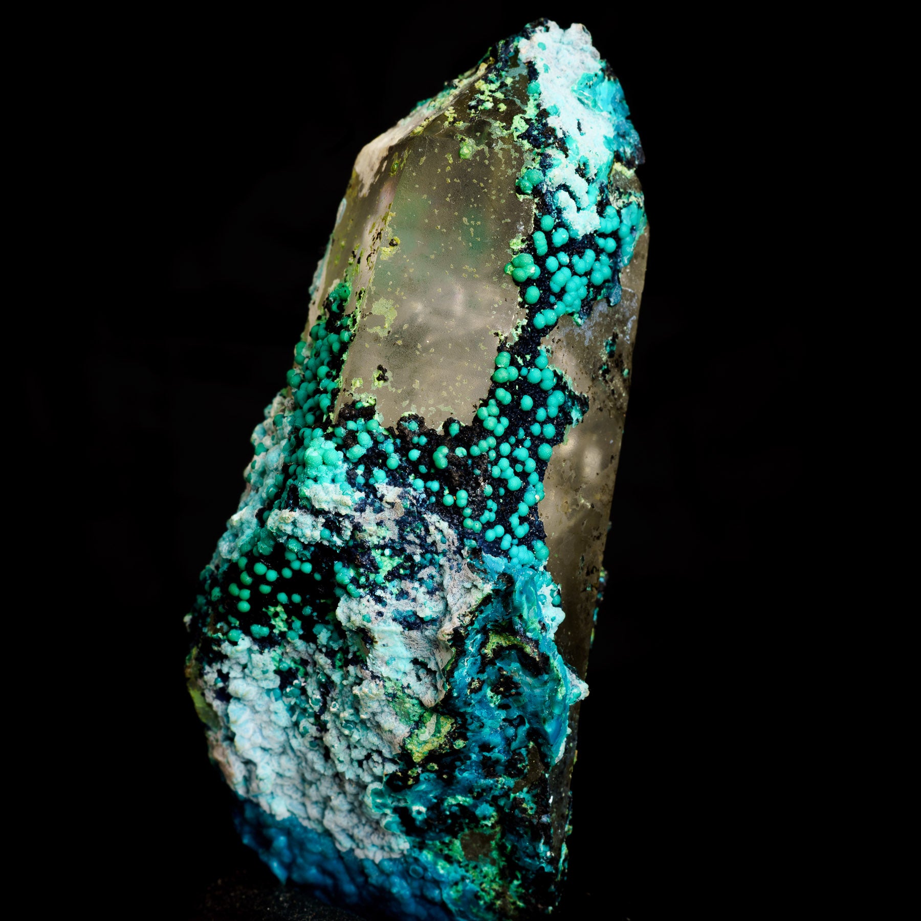 Chrysocolla Malachite & Limonite on Smoky Quartz - Tentadora 142g