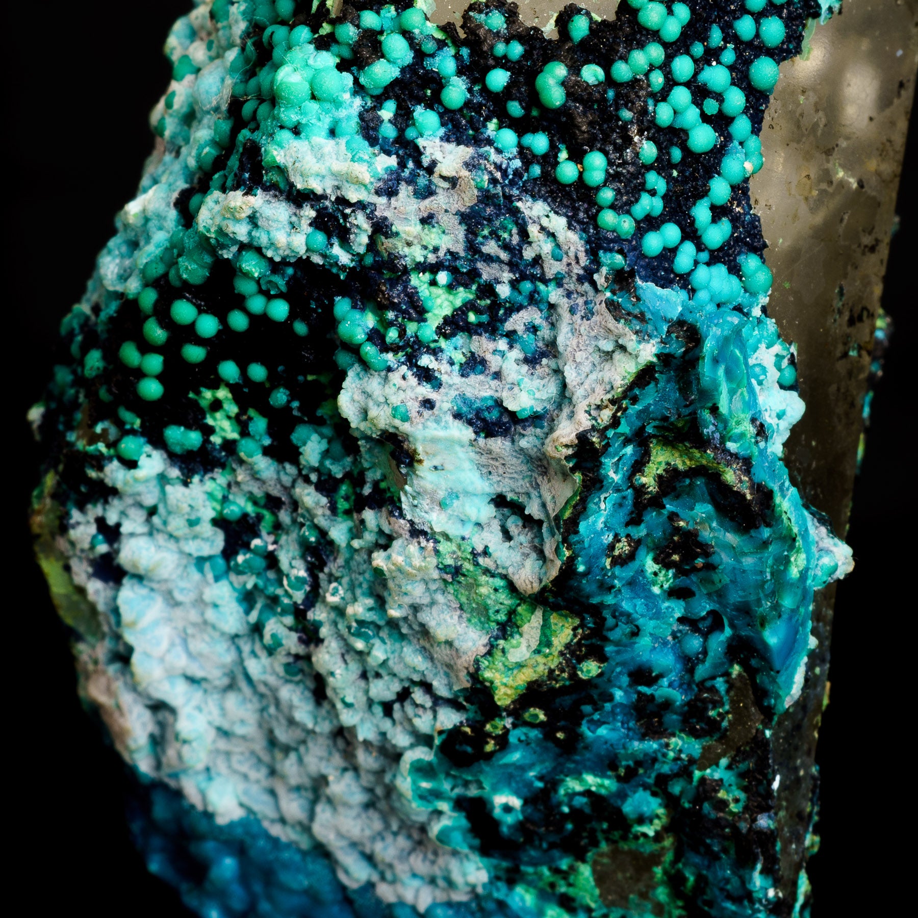 Chrysocolla Malachite & Limonite on Smoky Quartz - Tentadora 142g