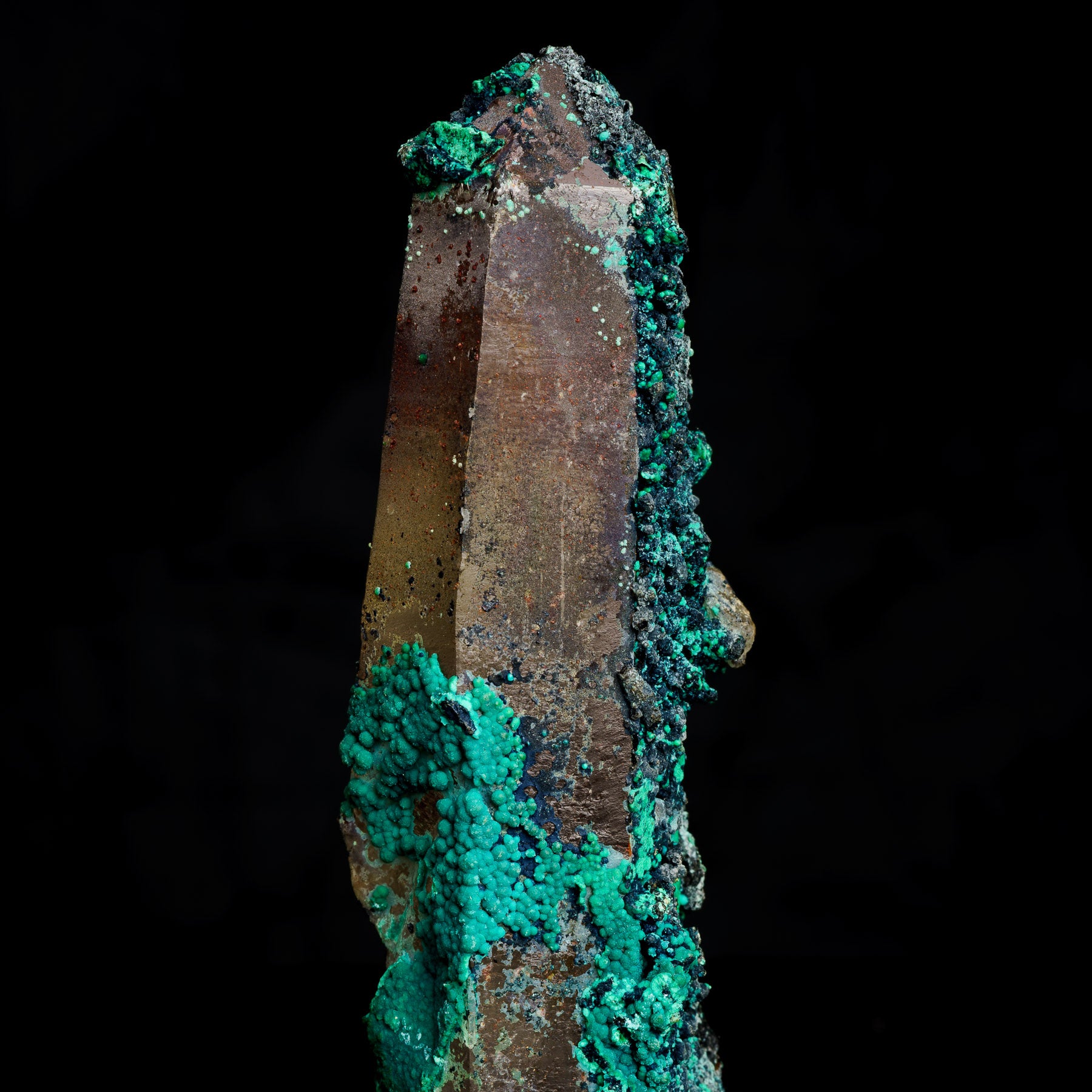 Chrysocolla, Malachite, and Limonite on Smoky Quartz - Tentadora