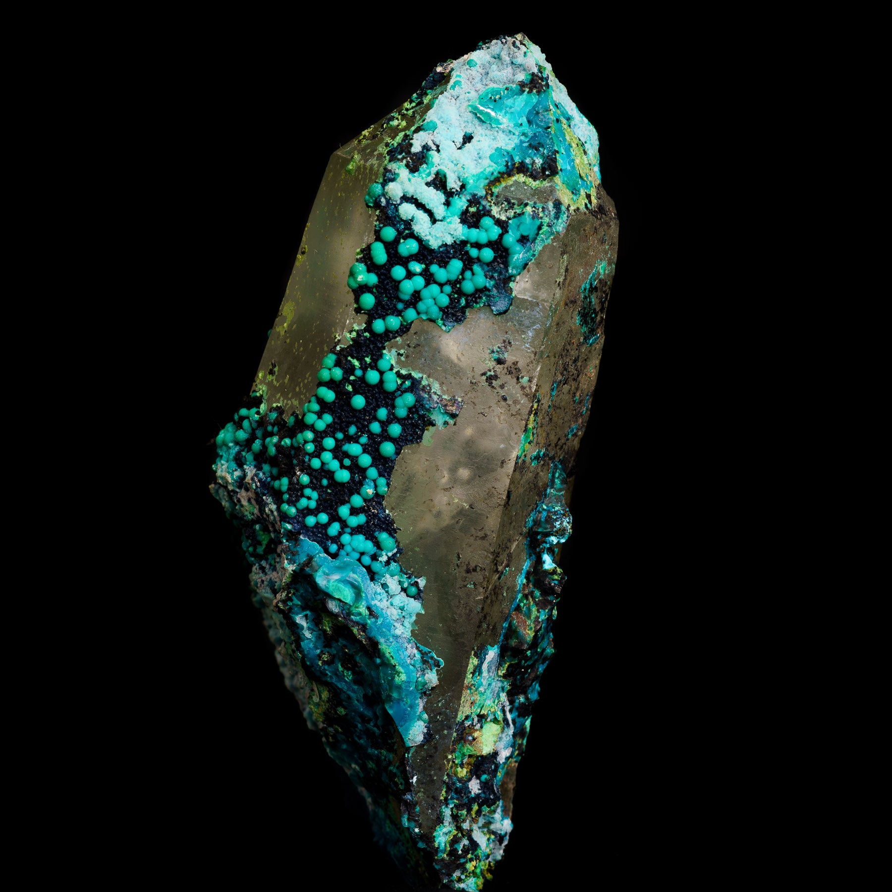 Chrysocolla Malachite & Limonite on Smoky Quartz - Tentadora 142g