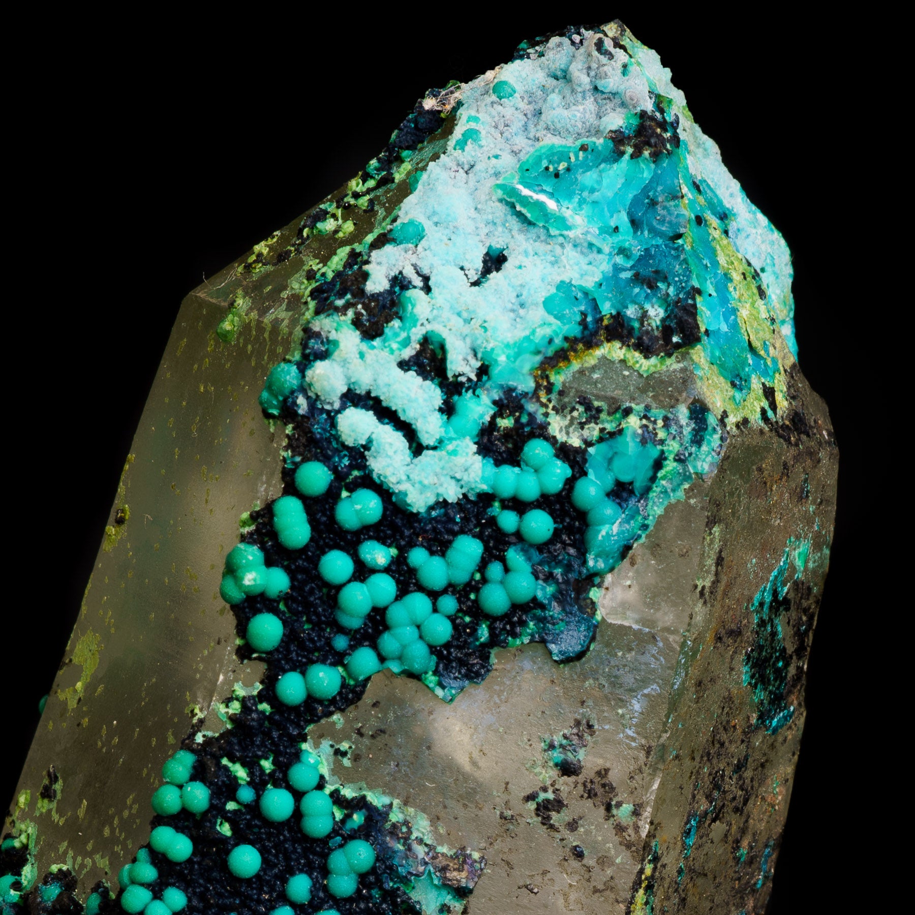 Chrysocolla Malachite & Limonite on Smoky Quartz - Tentadora 142g